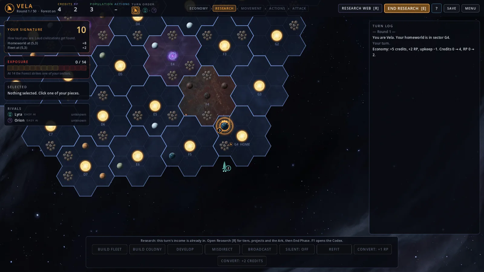 The game board: a hex map of stars, asteroid fields and a purple nebula. Panels show Your Signature at 10, Exposure at 0 of 14, and two rivals, Lyra and Orion, whose positions are unknown.