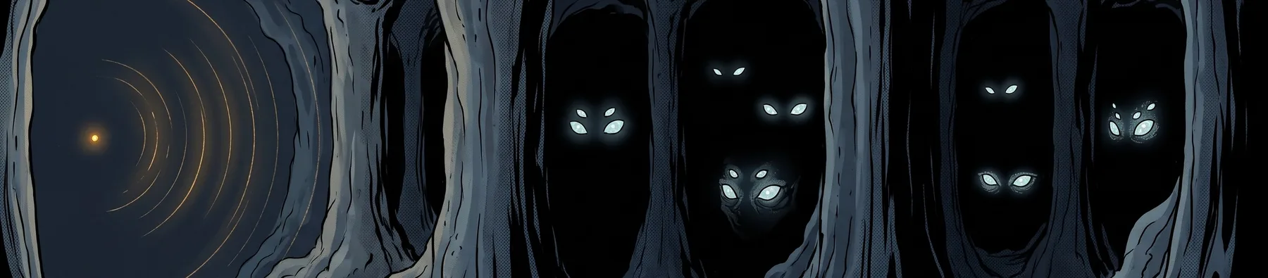 A comic panel: rings of amber sound spread from a small light, while pale eyes watch from between black trees.