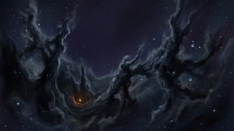 Key art: a dark nebula forest with one amber light.